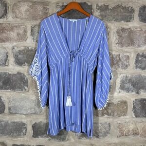 Blue Island Blue White Striped Tunic Top PomPom Crochet Trim Medium Swim Coverup